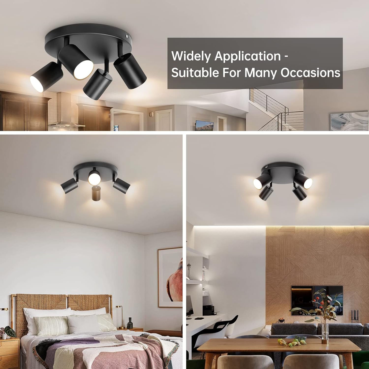 Black ceiling light fixture shown in various indoor settings with text indicating its versatility.