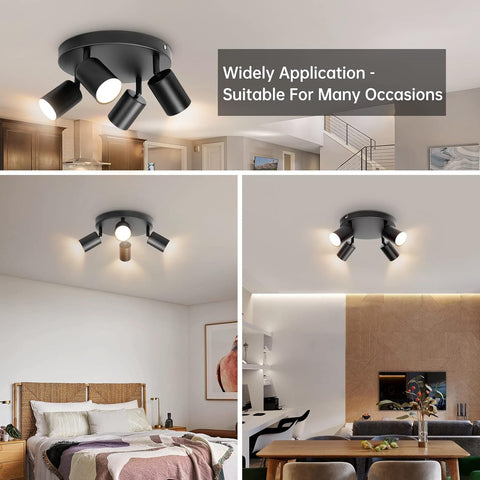 Black ceiling light fixture shown in various indoor settings with text indicating its versatility.