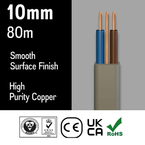 Primes DIY Electric Socket wire cable 10mm Twin and Earth Flat Grey PVC Lighting Electric Cable 6242Y electrical Wire BASEC Approved (80 Meter)