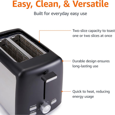 Amazon Basics 2 Slice Toaster 800W Black with 7 Shade Settings