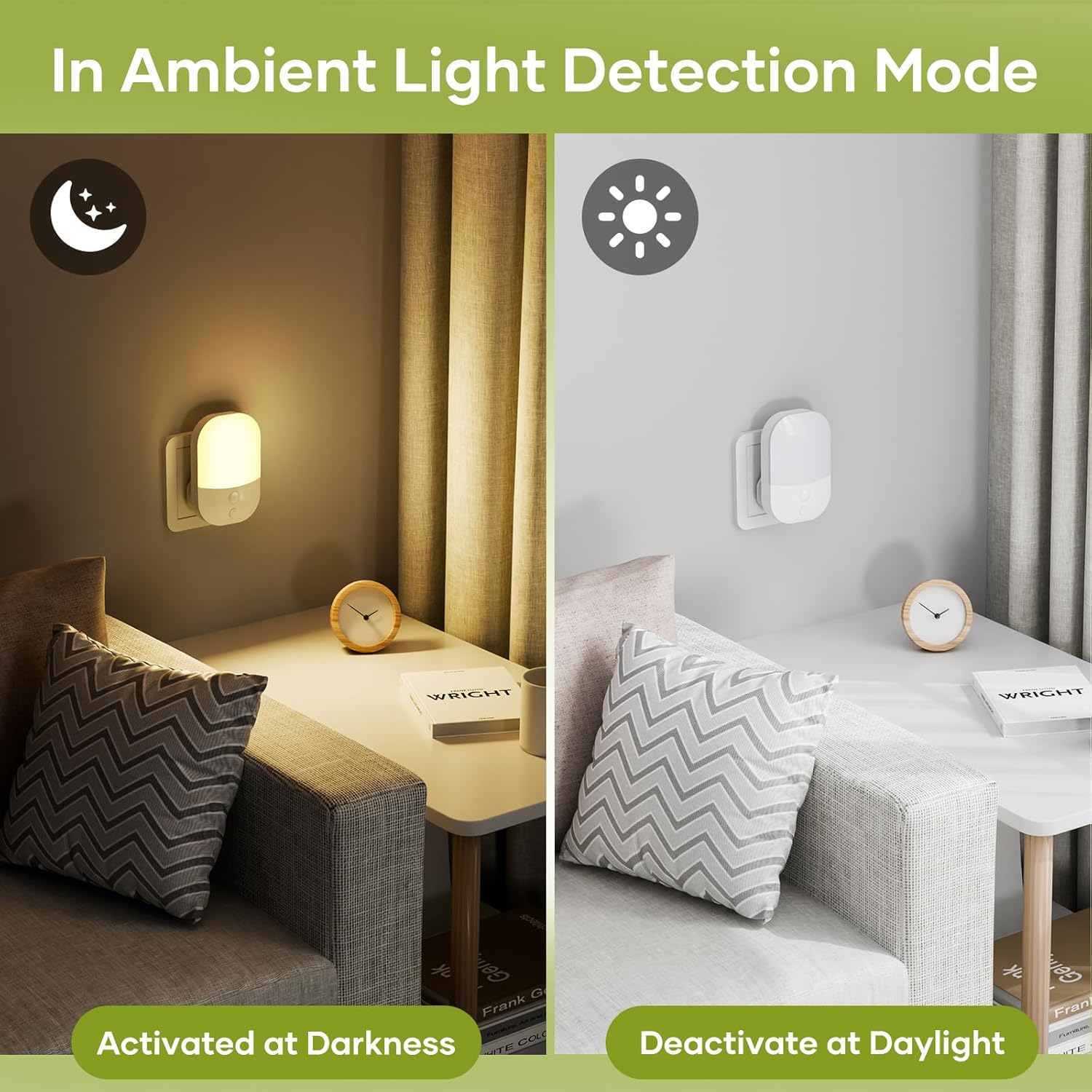 Two scenes showing a light sensor in ambient light detection mode, one activated at darkness, the other deactivated at daylight.
