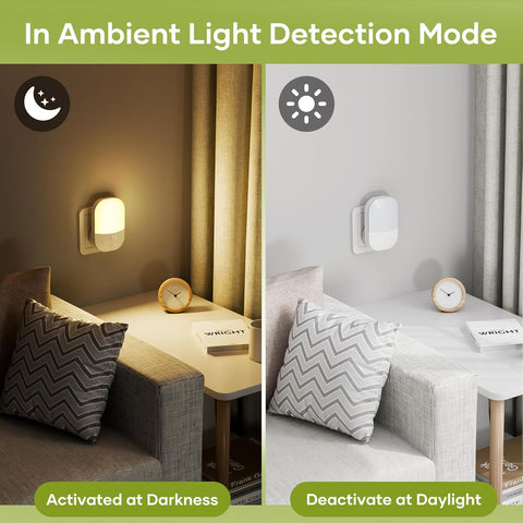 Two scenes showing a light sensor in ambient light detection mode, one activated at darkness, the other deactivated at daylight.