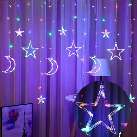 Ramadan Star Moon Curtain Lights – 138 LED Window String Lights with 8 Modes, USB & Battery Powered Multicolor Decor