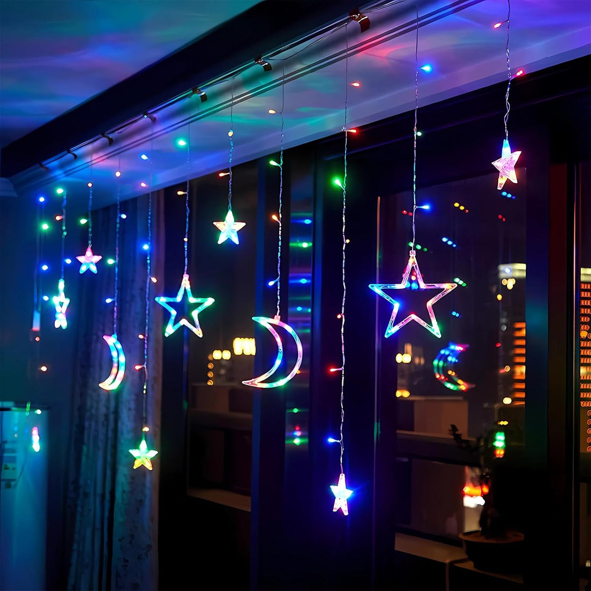 Ramadan Star Moon Curtain Lights – 138 LED Window String Lights with 8 Modes, USB & Battery Powered Multicolor Decor