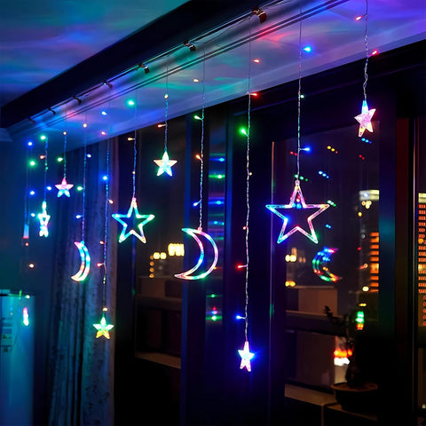 Ramadan Star Moon Curtain Lights – 138 LED Window String Lights with 8 Modes, USB & Battery Powered Multicolor Decor