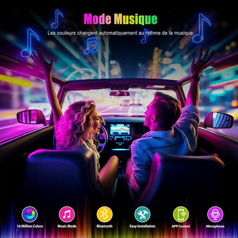 Car LED Interior Lights – RGB Ambient Lighting with APP Control, 16 Million Colours, USB Powered, Music Sync & Memory Function for Universal Vehicles