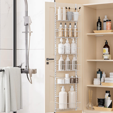 Delamu 8-Tier Over Door Storage Organiser, Adjustable Metal Pantry Shelves, Hanging Spice Rack for Kitchen, Bathroom & Laundry, White
