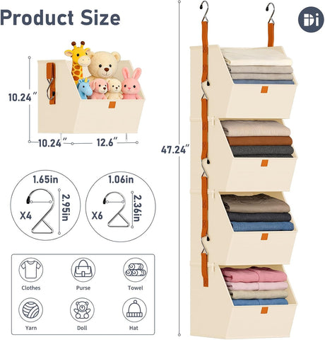 4-Tier Hanging Wardrobe Storage Organiser – Detachable Fabric Storage Bins with 8 Hooks for Clothes, Shoes & Accessories – Make Every Inch of Your Wardrobe Work Harder