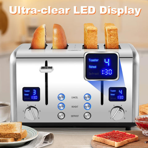4 Slice Stainless Steel Toaster – Silver | LED Display, 4 Extra-Wide Slots, 6 Browning Levels, Defrost & Reheat