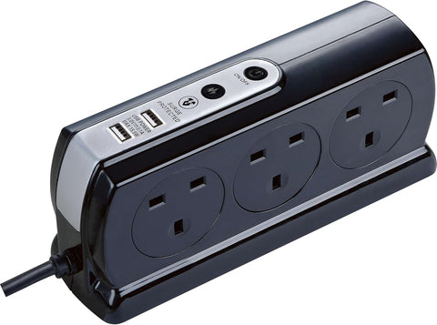Masterplug Six Socket Switched Inline Power Surge Protected Extension Lead with Two USB Charging Ports, 2 Metres, Gloss Black