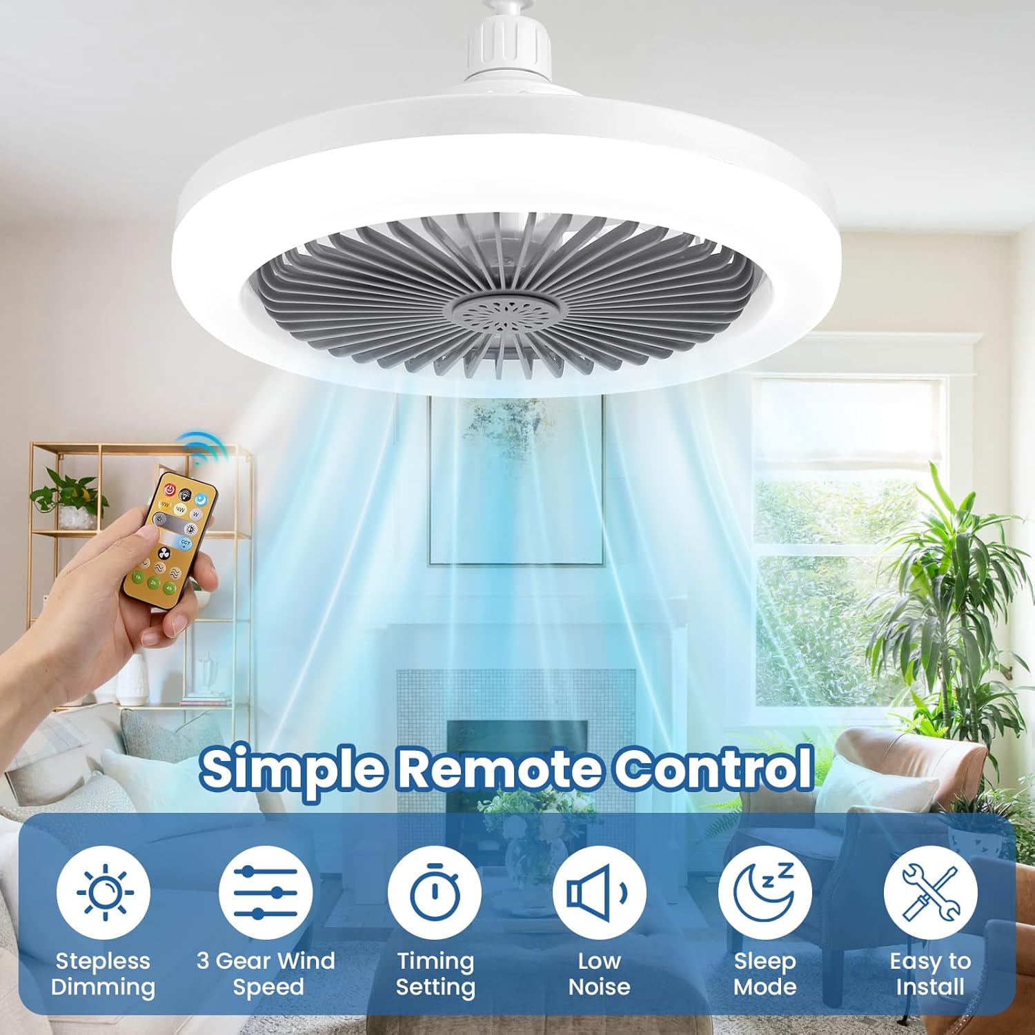 Ceiling fan with remote control in a living room setting