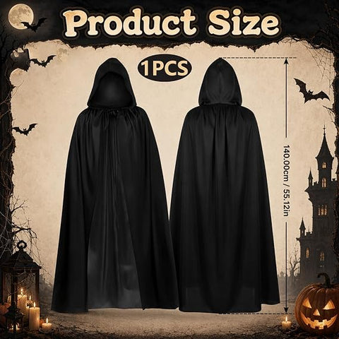 Black Hooded Cape 140cm – Adult Halloween Grim Reaper Cloak for Vampire, Wizard & Cosplay Costumes, Flowing Black Fancy Dress Costume Accessory