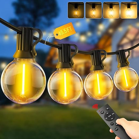 Outdoor festoon lights hanging in a garden with warm glow

