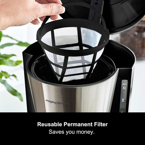 Equip 10 Cup Filter Coffee Machine with Pour Over Technology, Aroma Blender & Keep Warm Function – 1.2L Drip Coffee Maker with Reusable Filter, Anti-Drip Design & Easy View Water Level, Black/Brushed Steel
