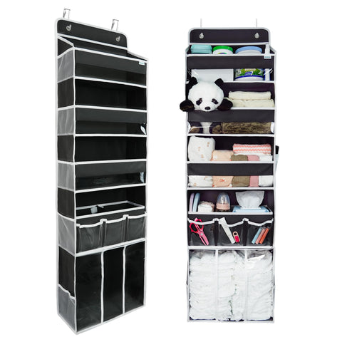 EZVERY Over the Door Baby Nappy Organiser, Beige Hanging Nursery Storage with 3 Bins, Removable Nappy Caddy and 10 Mesh Side Pockets
