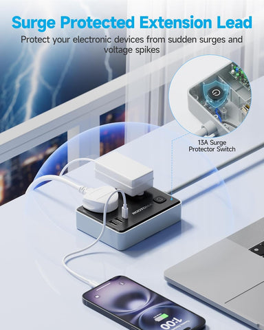Black 1M Extension Lead with 2 Sockets, 3 USB Ports & Surge Protection – Keep Your Everyday Essentials Powered Without the Socket Shuffle
