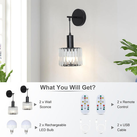 Battery Operated Wall Lights Set of 2 Black Crystal Indoor