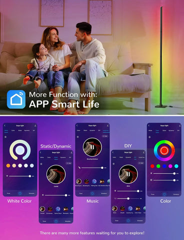 App-controlled floor lamp displaying purple hue


