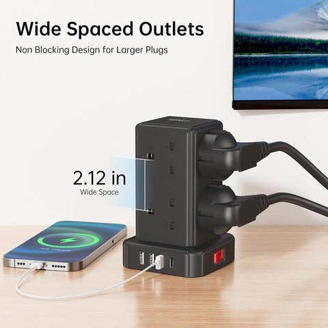 Kemelo Tower Extension Lead – 8-Way Multi Plug with 4 USB Ports, 2M Cable, 13A 3250W Surge Protection – Bring Order to Your Busy Charging Corner