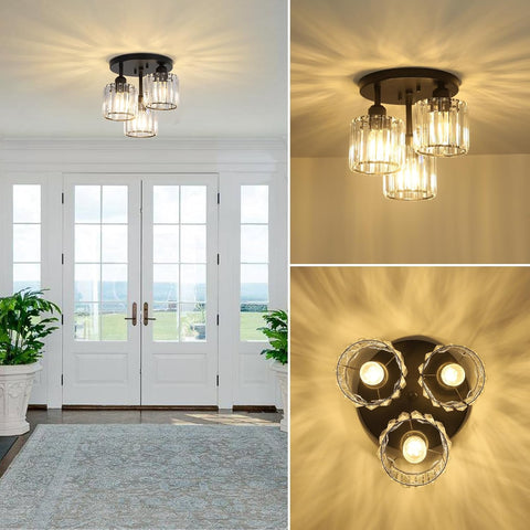 3-Light Modern Crystal Chandeliers Black Semi Flush