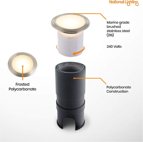 BODENN Decking Lights - Stainless Steel Outdoor Lights - Weatherproof Garden Lights - Marine Grade, Mains Operated LED Lighting - Buried Uplighters - IP67 Rated - Cool White Colour