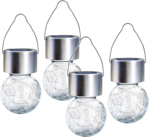 4 Pack Hanging Solar Lights, White LED Solar Crackle Globe Hanging Lights Waterproof Outdoor Solar Lanterns with Handle for Garden, Yard, Patio, Lawn