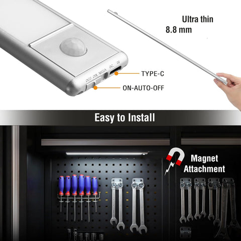 LED strip light with magnet attachment and installation on a pegboard.