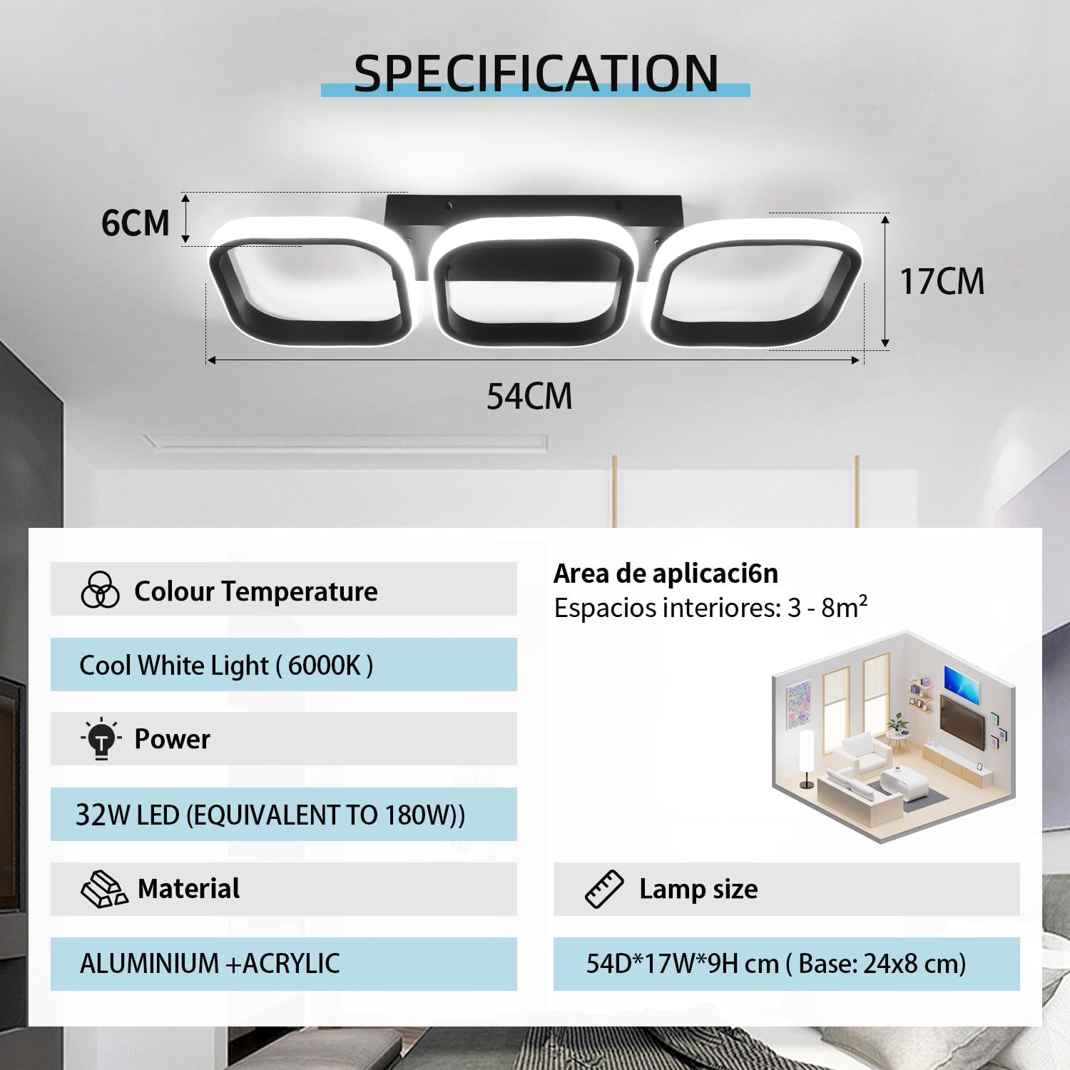 Ceiling light fixture with specifications including dimensions, color temperature, power, material, and lamp size.