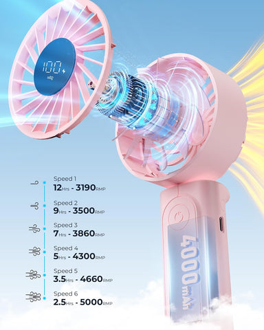 Portable Handheld Fan 4000mAh 6-Speed Foldable Mini Fan