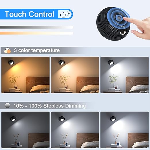 2PCS USB Wall Lamp, LED Indoor Wall Light with Rechargeable Battery Operated, 3 Brightness Levels 3 Color Modes, Touch Control 360°Rotatable Wireless Wall Sconces for Living Room Bedroom