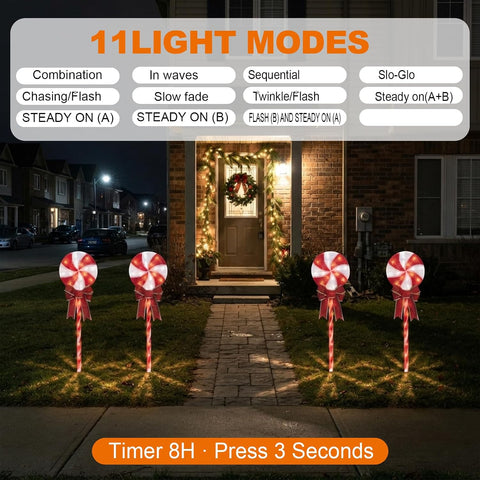 24 Inch 96 LED Lollipop Candy Cane Pathway Lights, 4 Pack with Ground Stakes, 29V Plug-in, Outdoor Christmas Yard Decor