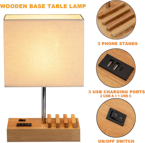 USB Bedside Table Lamp with 3 USB Charging Ports & Phone Charge Dock – Wooden Charging Station Desk Lamp with Device Organiser for Bedroom, Guest Room, Living Room & Office