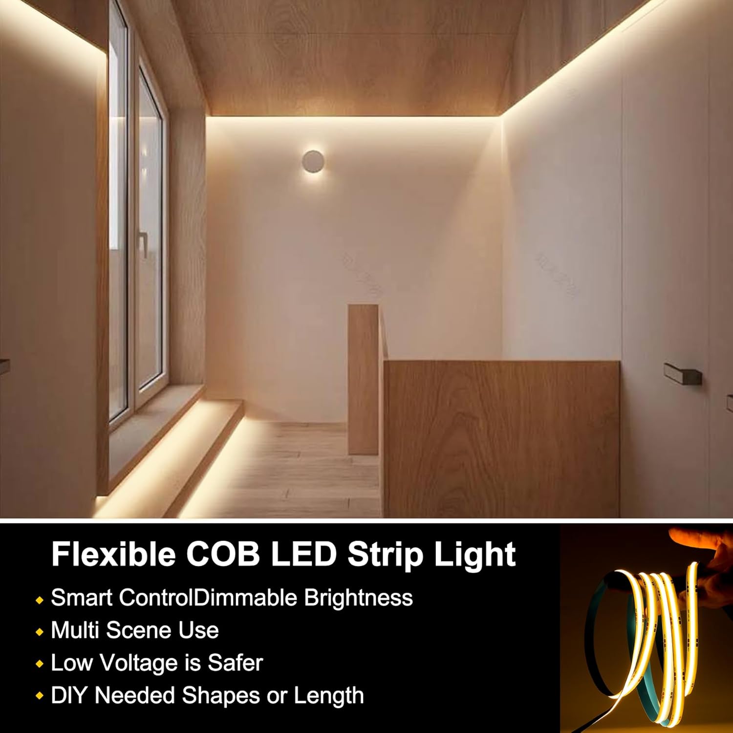 Modern interior design with flexible COB LED strip light highlighting features.