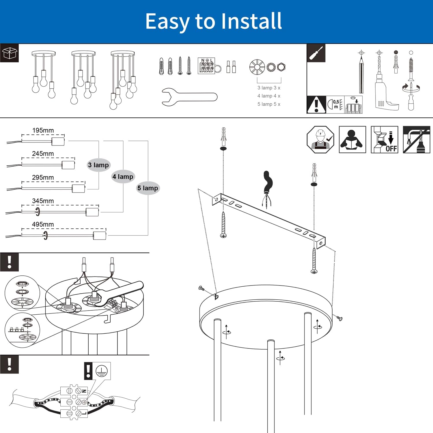 Detailed installation diagram for a ceiling light fixture with text 'Easy to Install' at the top.