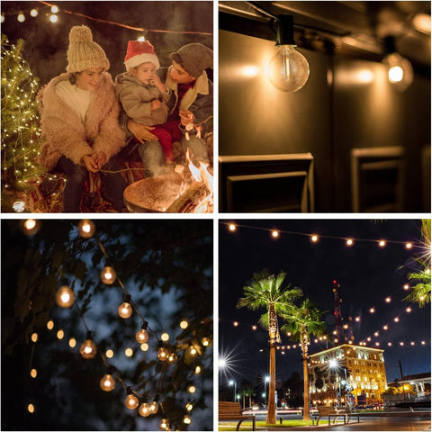 Collage of people by a fire, indoor setting with light bulb, outdoor string lights, and cityscape at night.