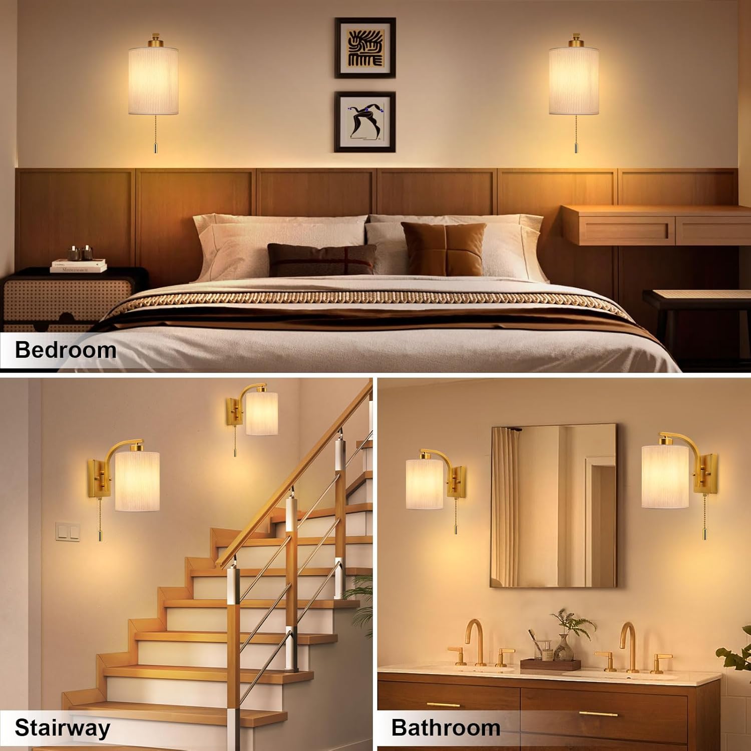 Bedroom, stairway, and bathroom scenes with wall-mounted lamps.