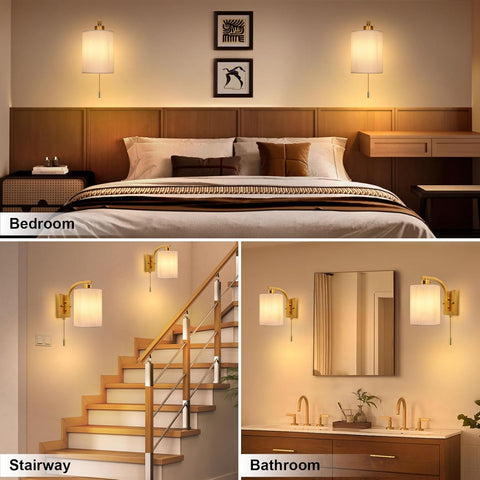 Bedroom, stairway, and bathroom scenes with wall-mounted lamps.