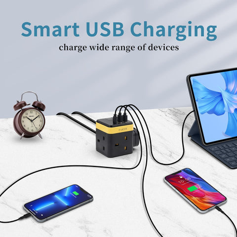 Cube Extension Lead with USB C & 2 USB A, 3 Way Power Strip 2M 13A