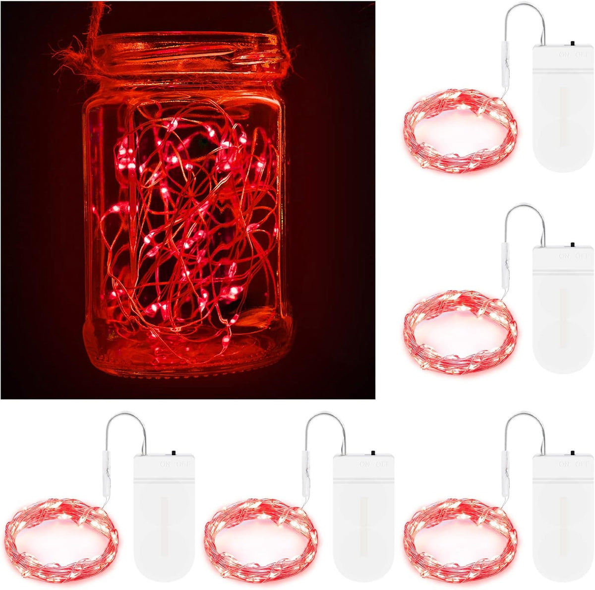 LED Fairy String Lights, 2M 20 LED Battery Operated Waterproof Copper Wire Lights for Indoor & Outdoor Décor, Christmas, Valentine, Birthday (Red, Pack of 5)