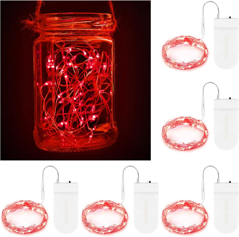 LED Fairy String Lights, 2M 20 LED Battery Operated Waterproof Copper Wire Lights for Indoor & Outdoor Décor, Christmas, Valentine, Birthday (Red, Pack of 5)