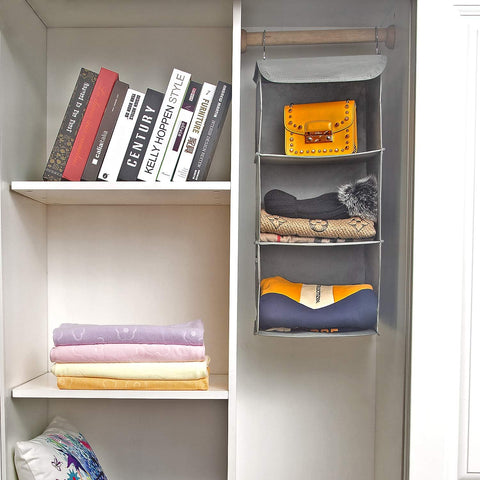 BrilliantJo Hanging Storage with 3 Shelves Wardrobe Closet Organiser, Storage Shelves Unit with 4 Pockets for Clothes Bag Shoes - Grey(30 x 30 x 60cm)