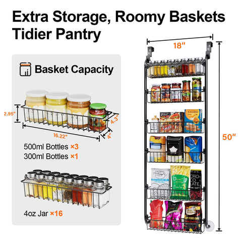 Delamu 8-Tier Over Door Storage Organiser, Adjustable Metal Pantry Shelves, Hanging Spice Rack for Kitchen, Bathroom & Laundry, White