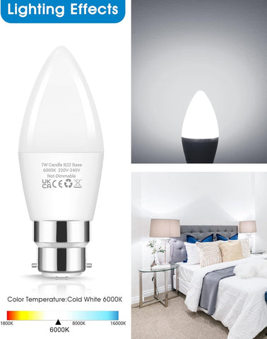 7W B22 LED Candle Bulbs – 60W Equivalent, Cool White 6000K