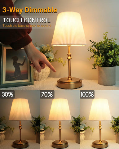 12-Inch Touch Bedside Table Lamp with 3-Level Dimming, Warm 2700K LED Bulb & Retro 3D Pleated Fabric Shade