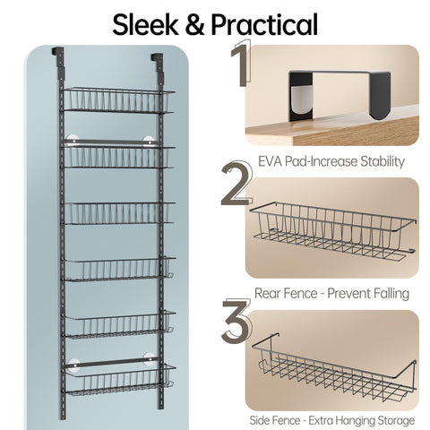 Delamu 8-Tier Over Door Storage Organiser, Adjustable Metal Pantry Shelves, Hanging Spice Rack for Kitchen, Bathroom & Laundry, White