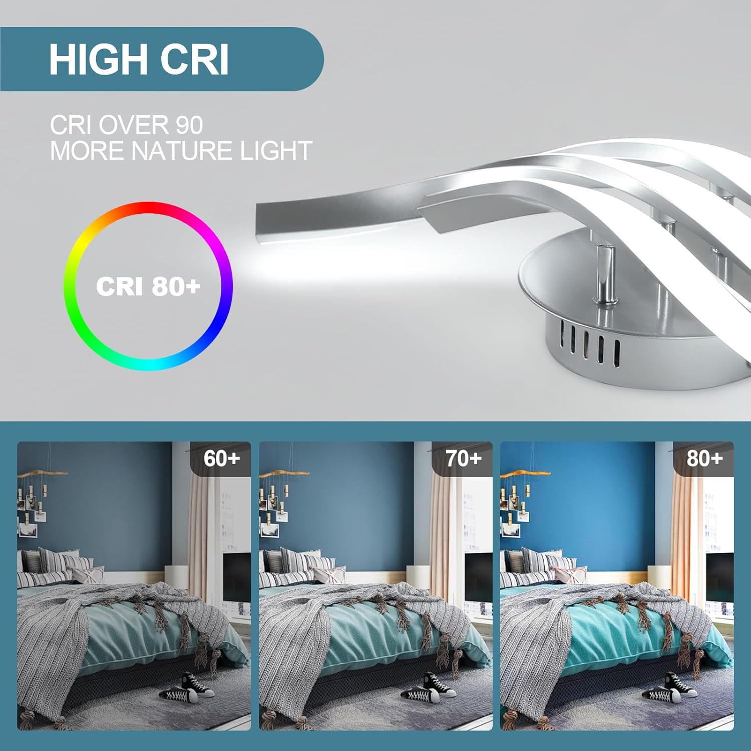 Ceiling light fixture with high CRI rating in a bedroom setting