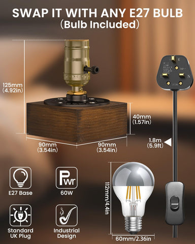 Vintage Industrial Table Lamp with 4W LED E27 Bulb – Wooden Retro Bedside & Desk Lamp with Warm 2700K Light, UK 3-Pin Plug & Inline Switch