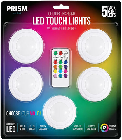 Lizzy LED Touch Lights 5 Pack with Remote Control – 12 Colour RGB Changing Battery Operated Stick-On Puck Lights for Kitchen, Wardrobe, Cupboard & Bedroom - Put the Glow Exactly Where Your Room Needs It