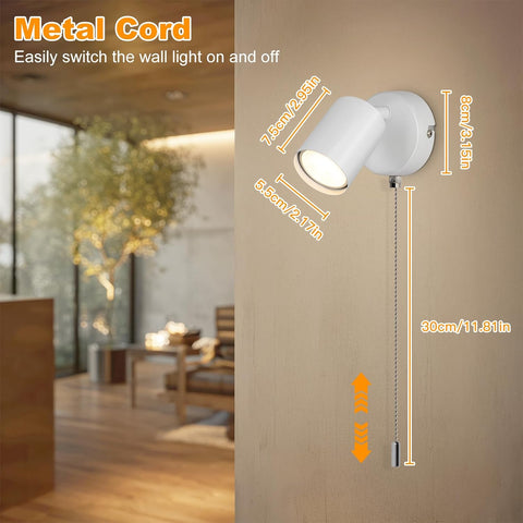 Modern Adjustable Indoor Wall Lamp - with Pull Cord Switch - White Wall Spotlight Fixtures - Wall Sconces for Bedroom Bedside Hallway - Bulb Not Included