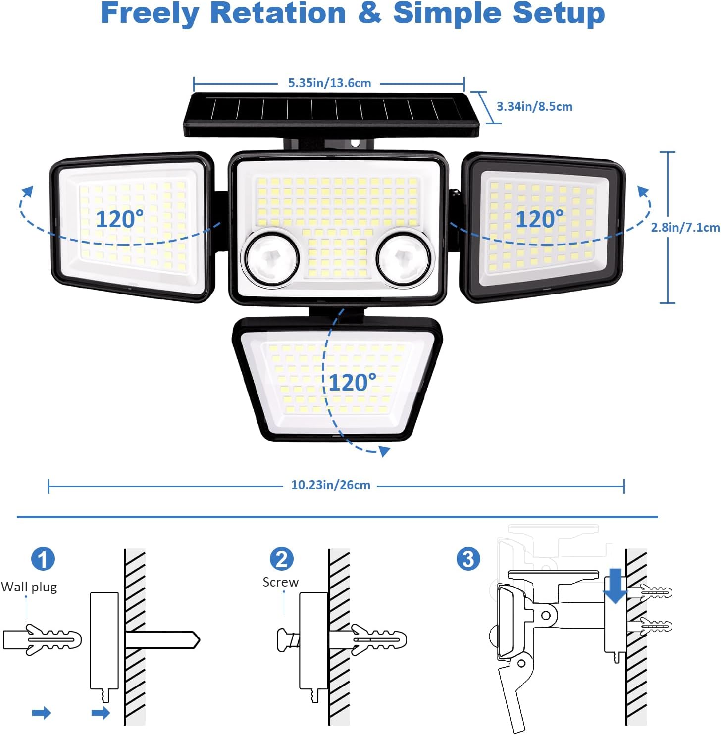 Solar light fixture with measurement details and installation instructions on a white background